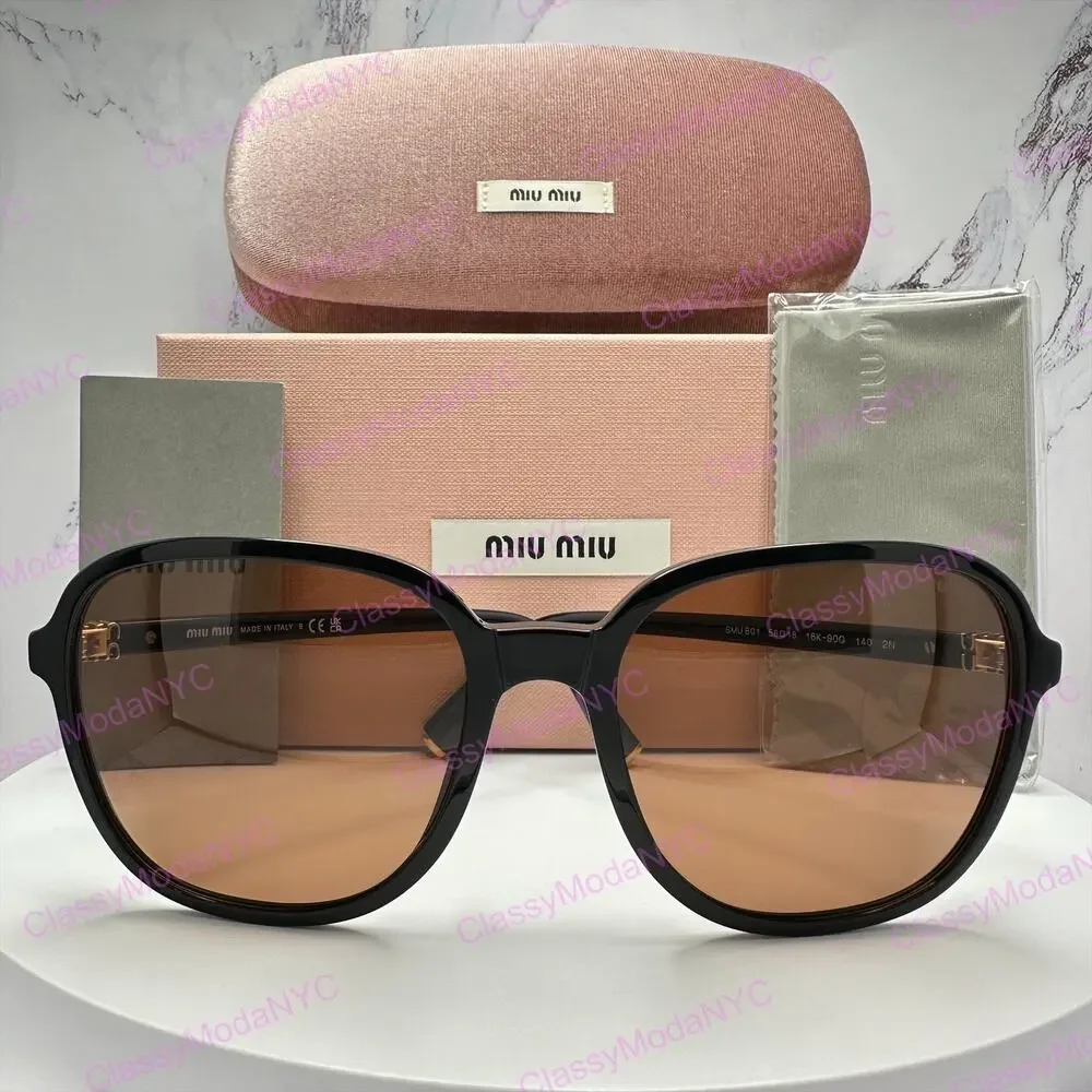 New MIU MIU Sunglasses MU B01S 16K90Q Black Brown Lens Oversized Pillow Square